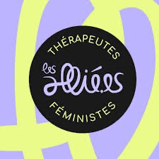 Logo Les Allié.es, thérapeutes féministes, badge noir sur fond vert lime.